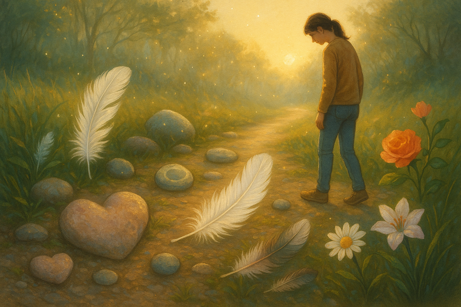 Plumas, piedras y flores como símbolos de guía